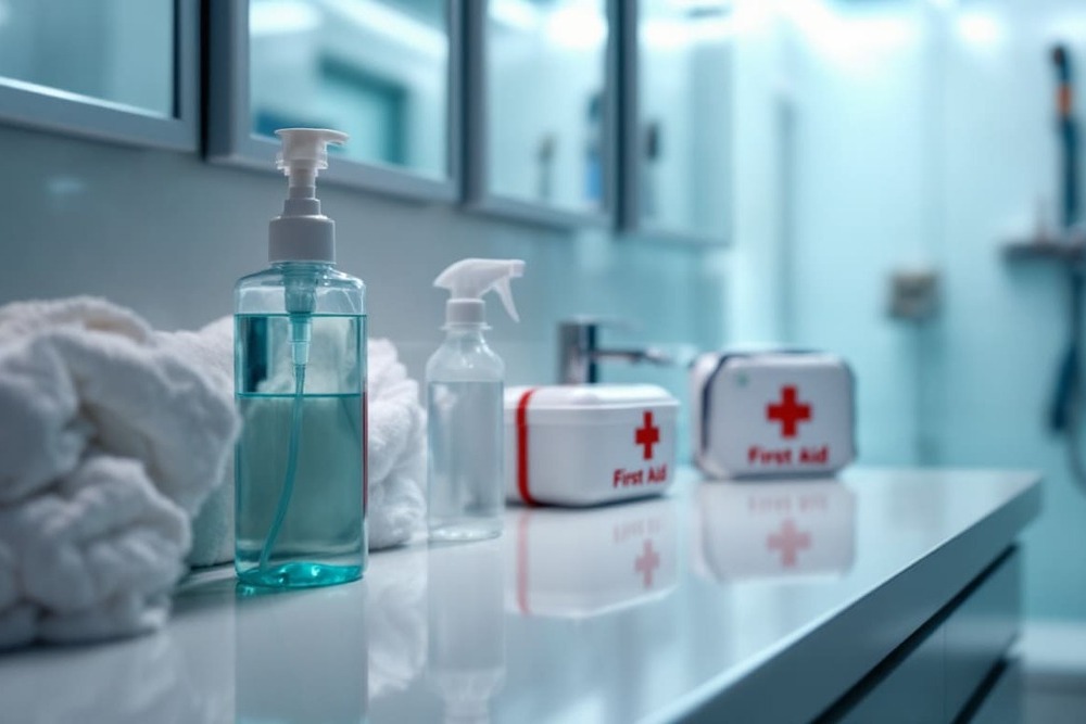 productos de higiene y botiquin en bano con espejo y luz natural