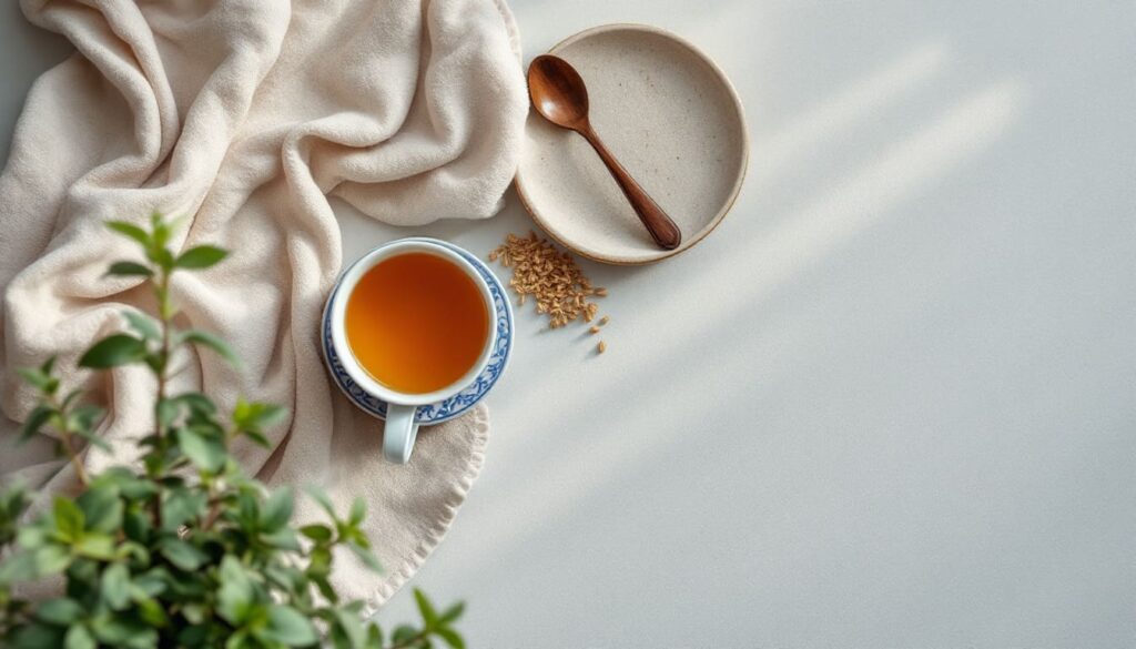 taza de te con plantas yerbas naturales y manta en ambiente tranquilo y relajante
