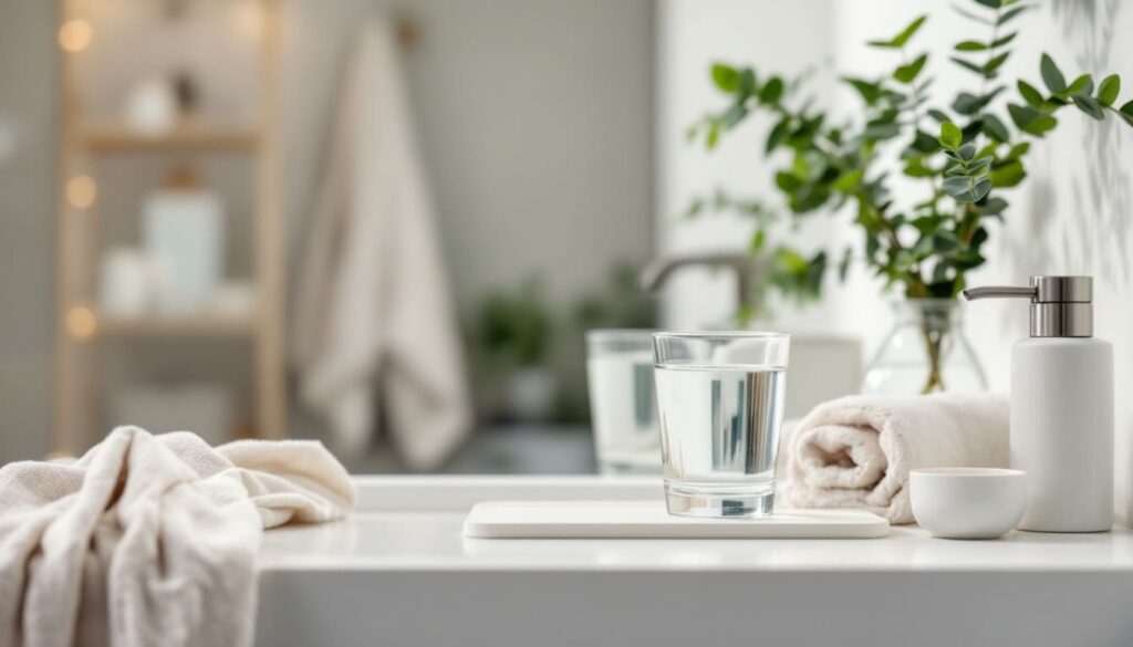 toallas y vaso de agua en bano con plantas y ambientacion luminosa y acogedora
