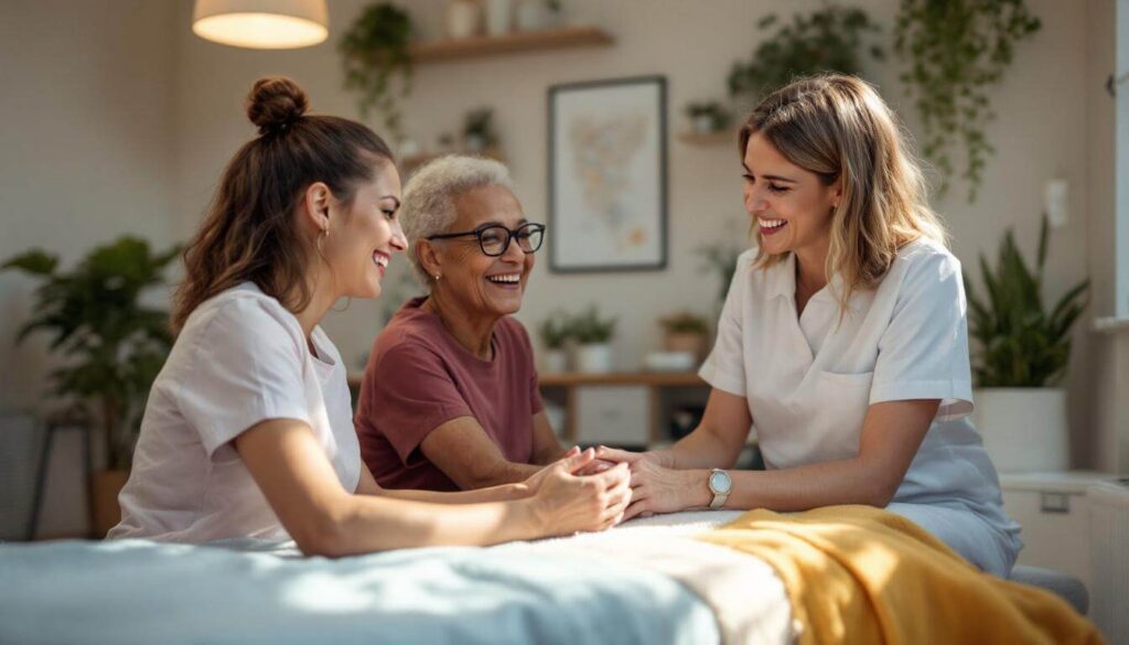 mujer sonriendo junto a fisioterapeutas