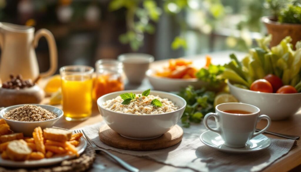 A photograph of a serene dining setting featuring a variety of healthy