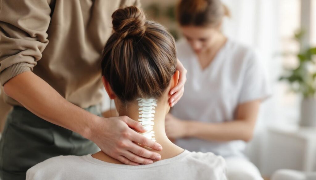 A photograph of a healthcare professional gently demonstrating cervical spine alignment techniques on a patient