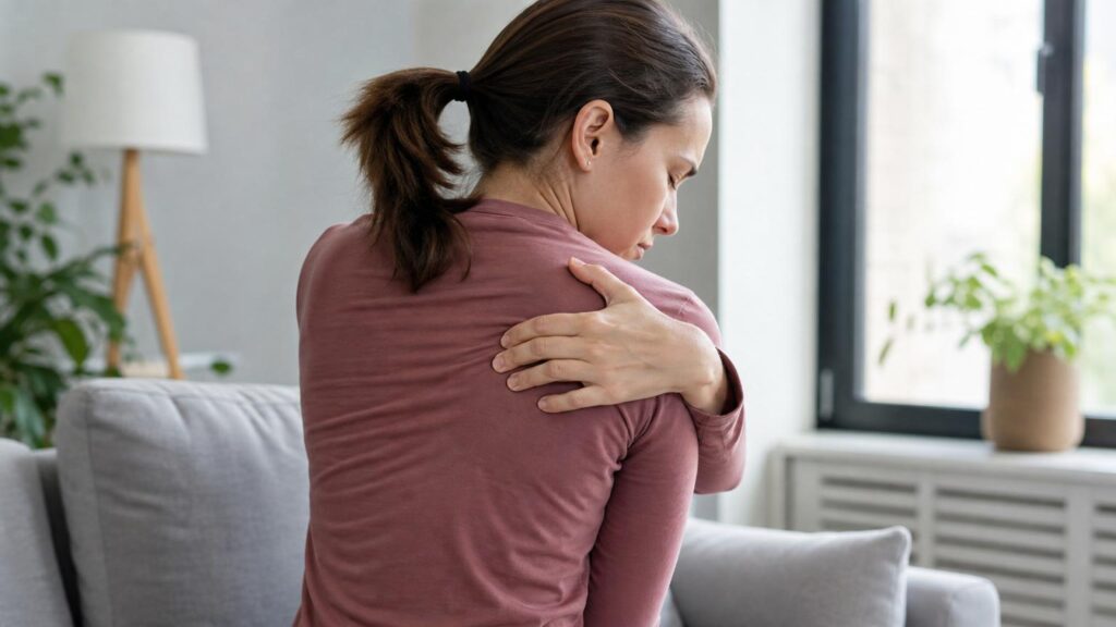 Woman in a mauve shirt sitting on a couch and reaching back to touch her upper back and shoulder in pain.