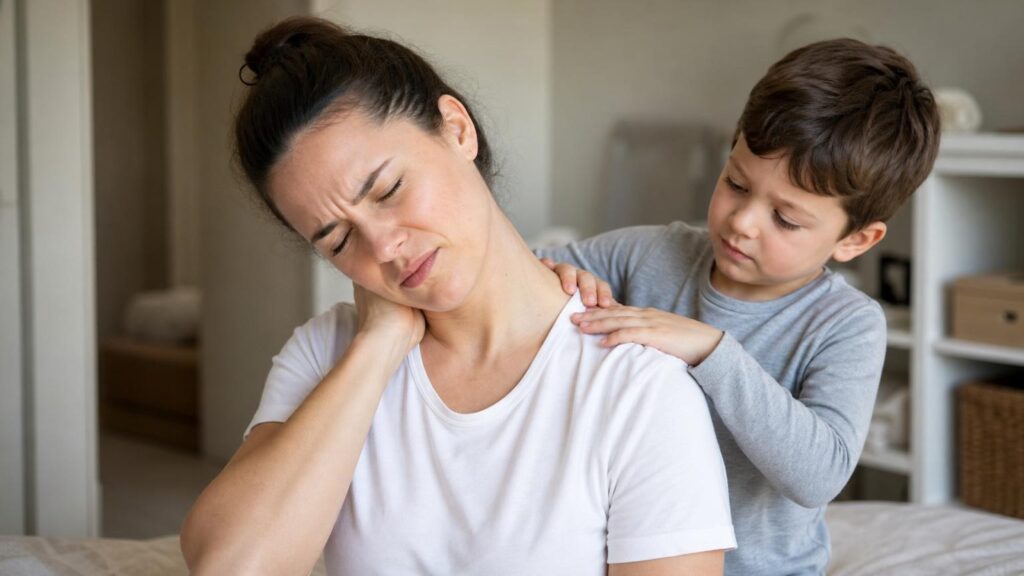 Woman wincing in pain while holding her stiff neck as a young boy gently places his hands on her shoulders to comfort her.