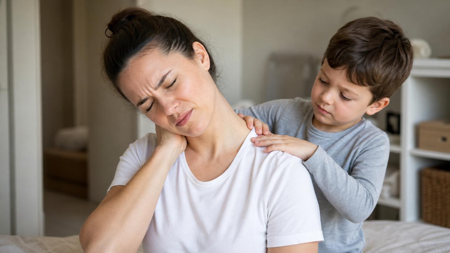Woman wincing in pain while holding her stiff neck as a young boy gently places his hands on her shoulders to comfort her. Woman wincing in pain while holding her stiff neck as a young boy gently places his hands on her shoulders to comfort her.
