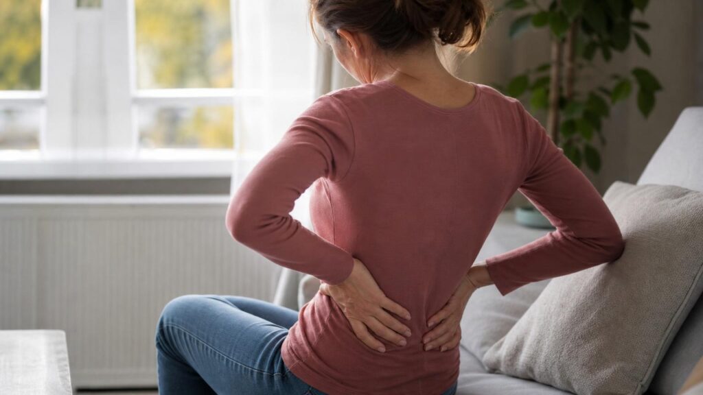 Woman in a pink long-sleeved shirt sitting on a sofa and holding her lower back in pain.