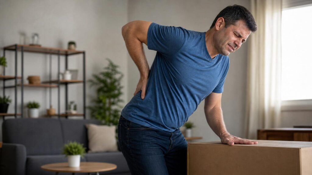Man in a blue t-shirt grimacing in pain while clutching his lower back and leaning on a cardboard box in a living room.